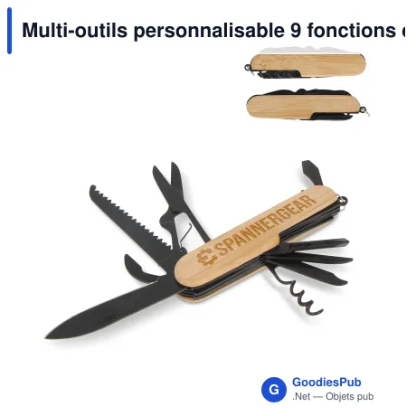 Multi-outils personnalisable 9 fonctions en bambou avec logo - Inox et bambou