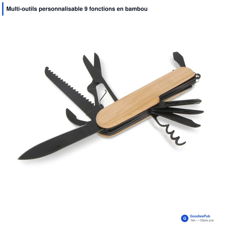 Multi-outils personnalisable 9 fonctions en bambou avec logo - Inox et bambou - Image 2