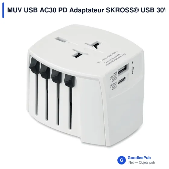 Adaptateur de voyage personnalisable SKROSS® MUV USB AC30 30W avec logo - Image 1