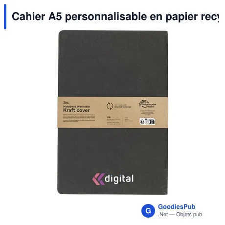 Cahier A5 personnalisable en papier recyclé avec logo - Notebook GRS Washable