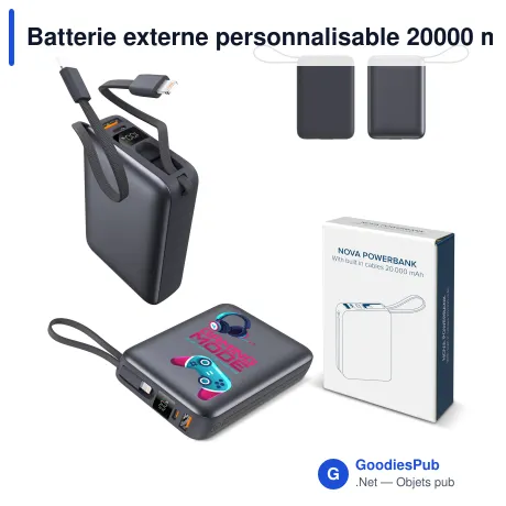 Batterie externe personnalisable 20000 mAh à câbles intégrés avec logo - Nova