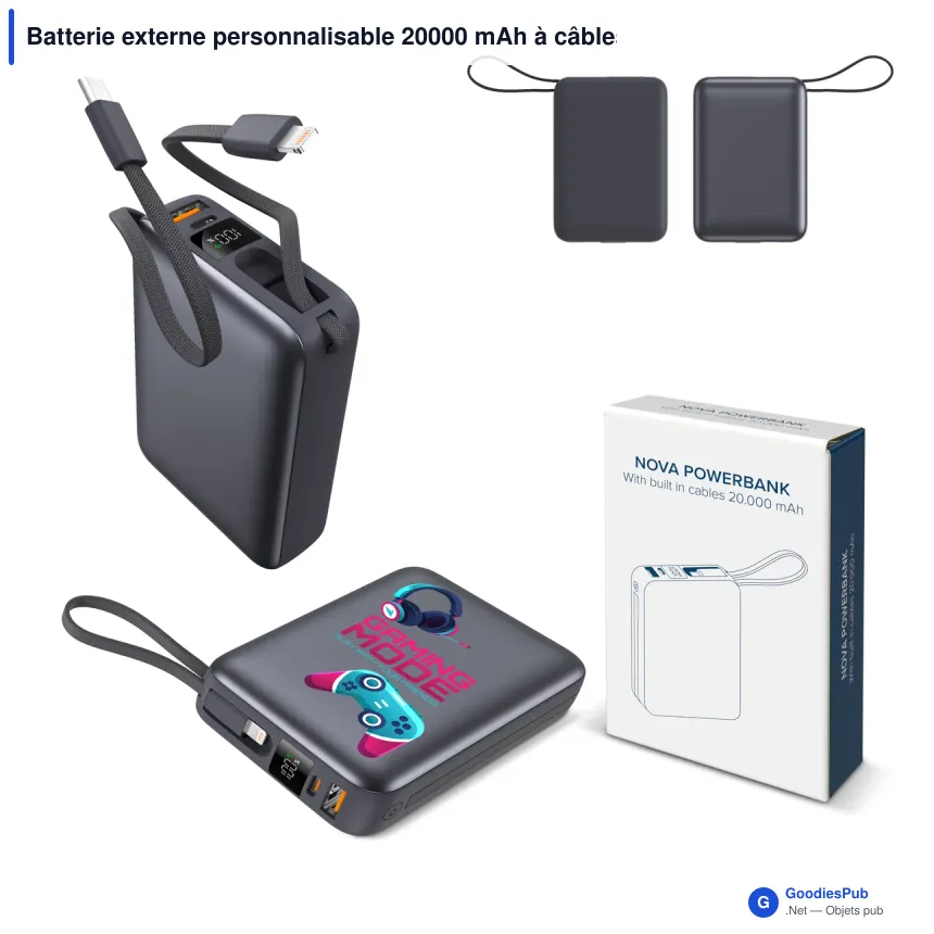 Batterie externe personnalisable 20000 mAh à câbles intégrés avec logo - Nova - Image 1
