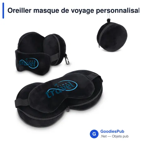 Oreiller masque de voyage personnalisable à housse zippée avec logo - Noir