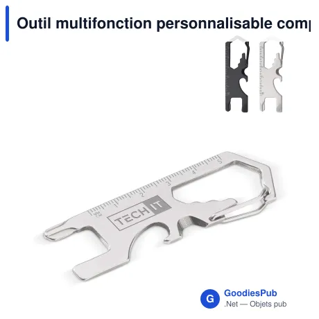 Outil multifonction personnalisable compact en inox avec logo - Argent ou noir
