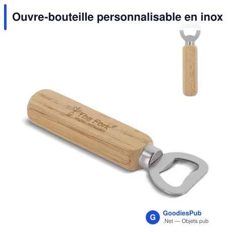 Ouvre-bouteille personnalisable en inox à manche en bois avec logo - Hévéa