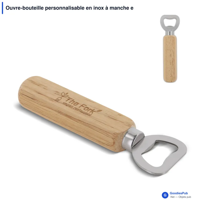 Ouvre-bouteille personnalisable en inox à manche en bois avec logo - Hévéa - Image 1