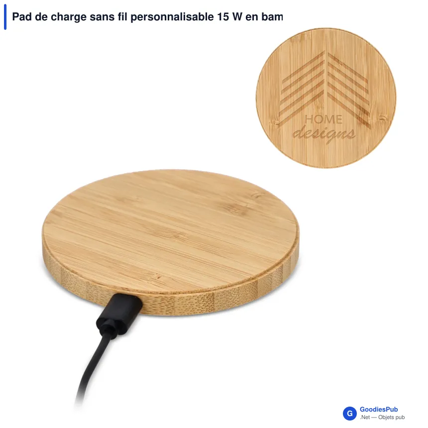 Pad de charge sans fil personnalisable 15 W en bambou avec logo - Bambou - Image 1