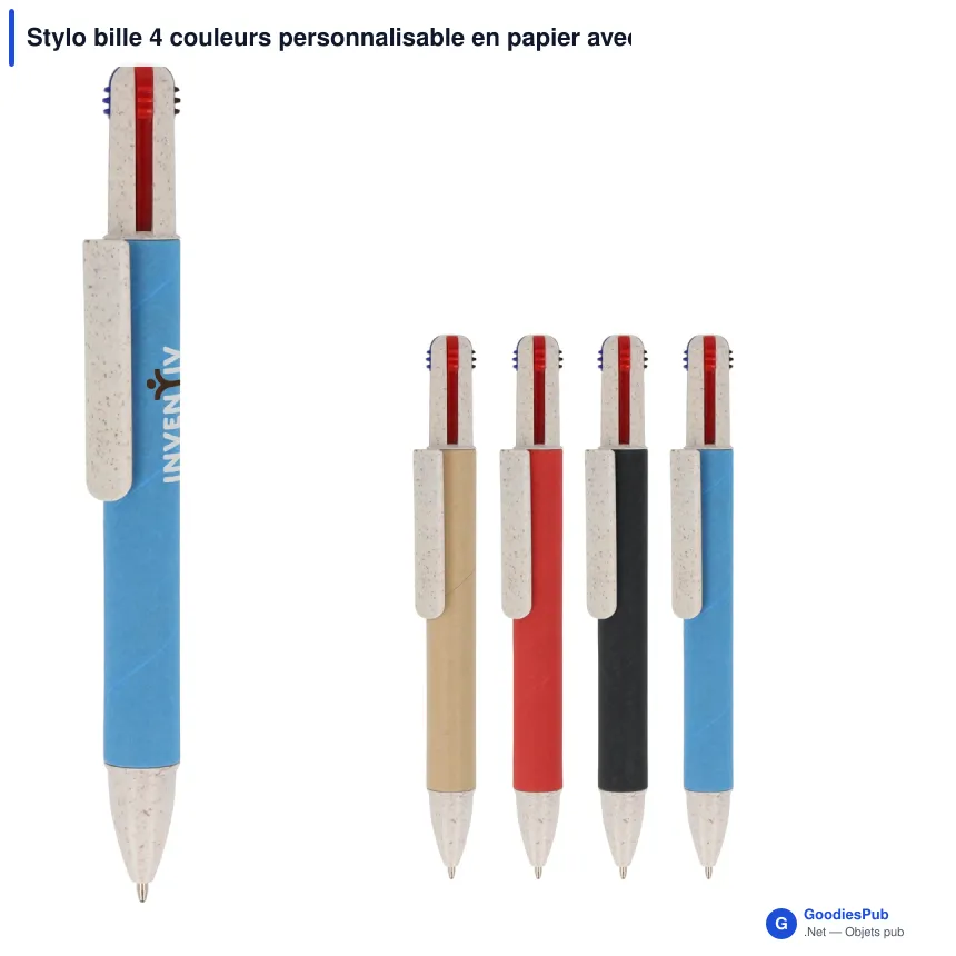 Stylo bille 4 couleurs personnalisable en papier avec logo - Image 1