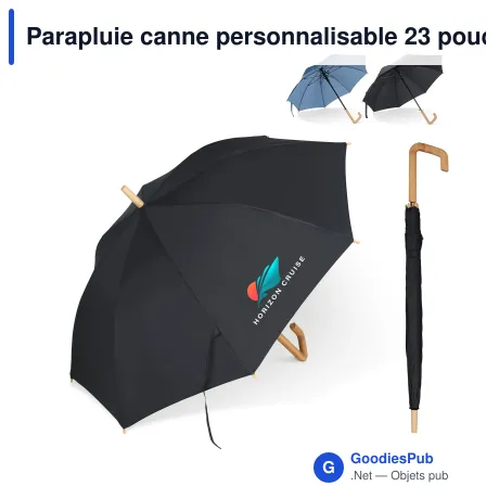 Parapluie canne personnalisable 23 pouces en R-PET et bois avec logo - Bâton