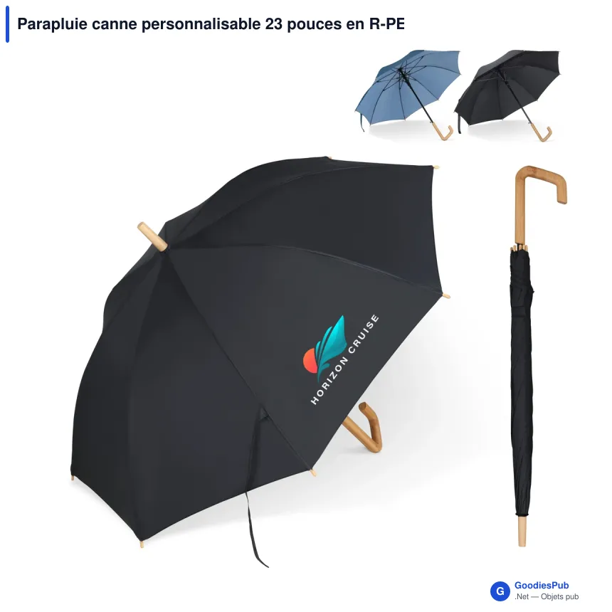 Parapluie canne personnalisable 23 pouces en R-PET et bois avec logo - Bâton - Image 1