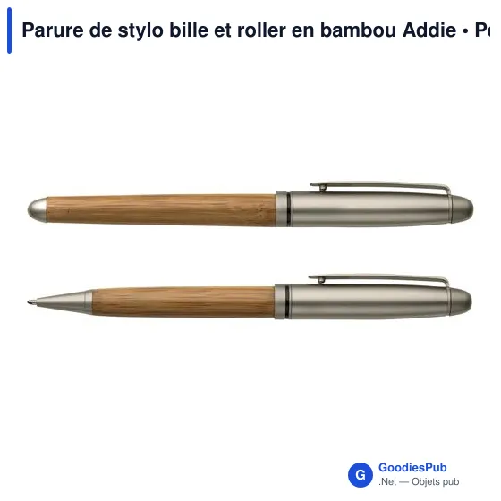 Parure de stylo bille et roller personnalisable en bambou Addieavec logo - Image 1