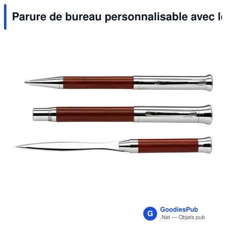 Parure de bureau personnalisable avec logo : stylo bille, plume et coupe-papier
