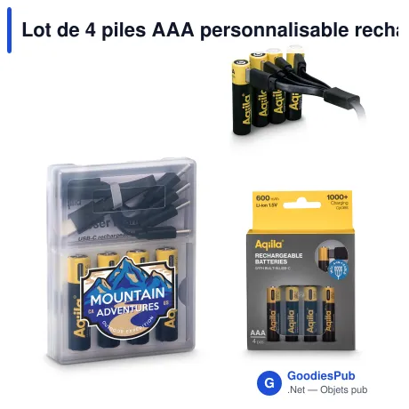 Lot de 4 piles AAA personnalisable rechargeables USB-C 600 mAh avec logo - Aqiila