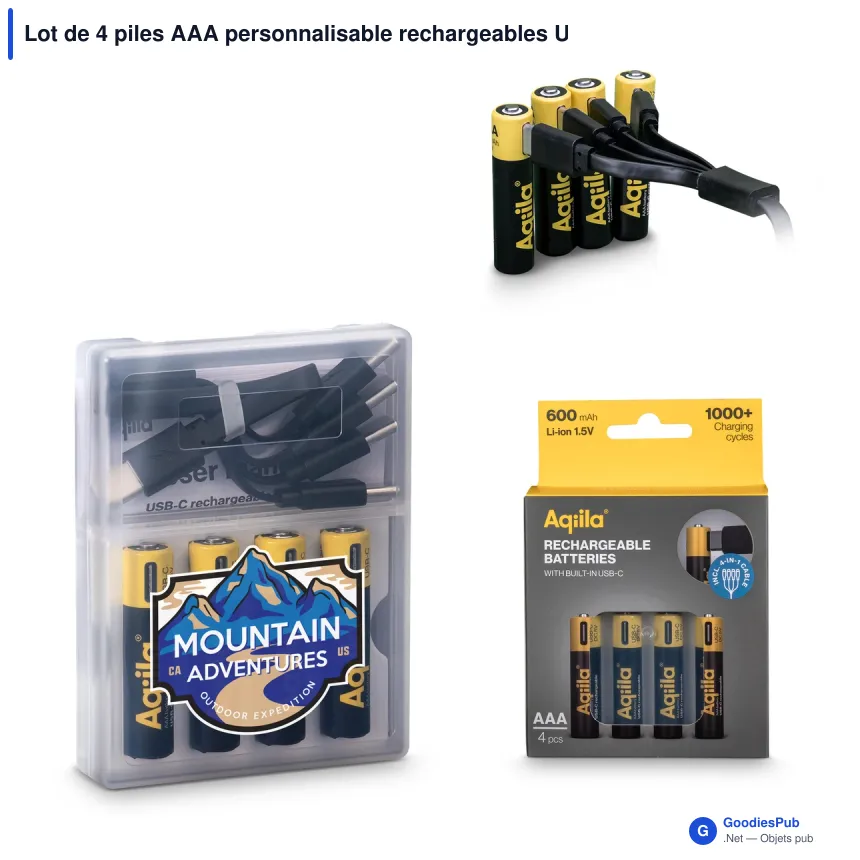 Lot de 4 piles AAA personnalisable rechargeables USB-C 600 mAh avec logo - Aqiila - Image 1