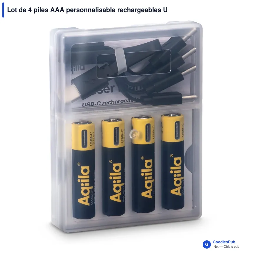 Lot de 4 piles AAA personnalisable rechargeables USB-C 600 mAh avec logo - Aqiila - Image 2