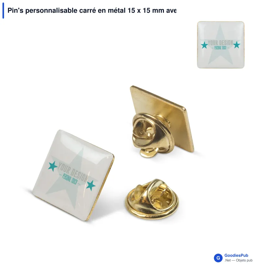 Pin's personnalisable carré en métal 15 x 15 mm avec logo - Carré 15 - Image 1