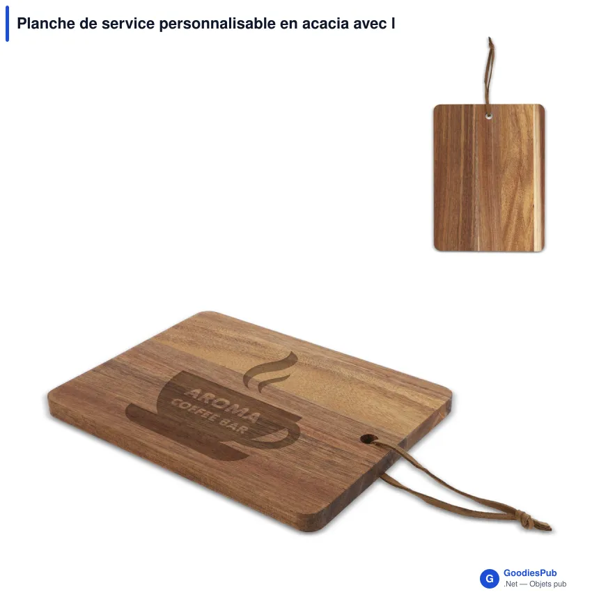 Planche de service personnalisable en acacia avec logo - 20 x 15 cm - Image 1
