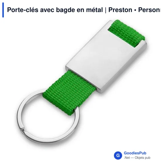 Porte-clés personnalisable avec badge en métal - Prestonavec logo - Image 1