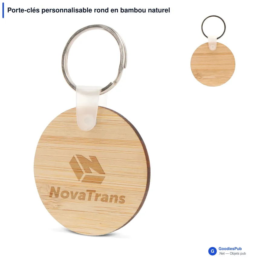 Porte-clés personnalisable rond en bambou naturel avec logo - Bamboo Round - Image 1