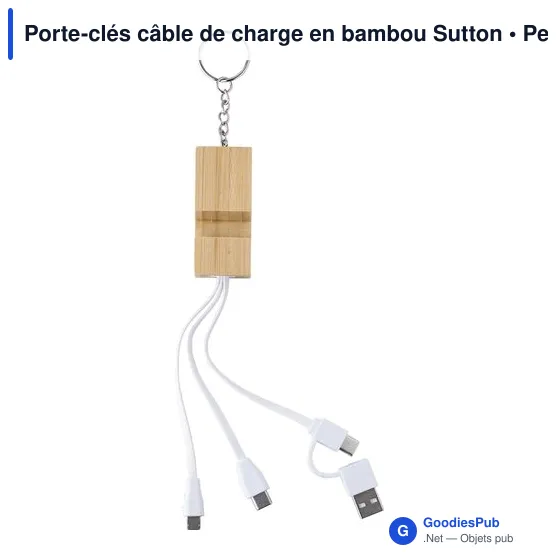Porte-clés câble de charge personnalisable en bambou Sutton avec logo - Image 1