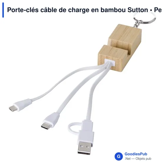 Porte-clés câble de charge personnalisable en bambou Sutton avec logo - Image 2