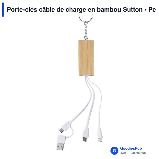 Porte-clés câble de charge personnalisable en bambou Sutton avec logo - Image 3