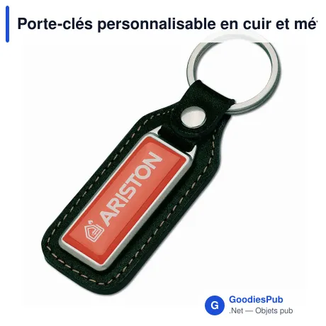 Porte-clés personnalisable en cuir et métal noir avec logo - Doming Cuir