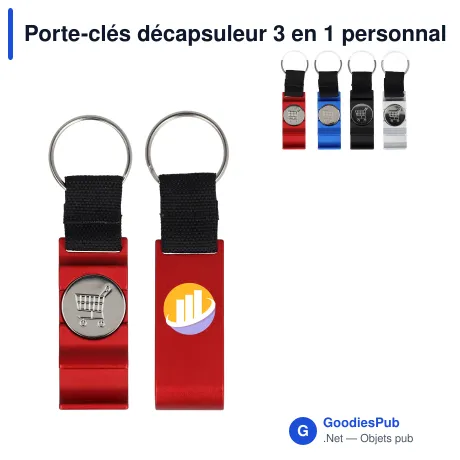 Porte-clés décapsuleur 3 en 1 personnalisable en aluminium avec logo - 3 en 1