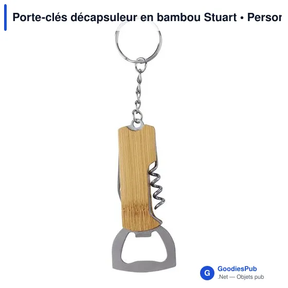 Porte-clés décapsuleur personnalisable en bambou Stuart avec logo - Image 1