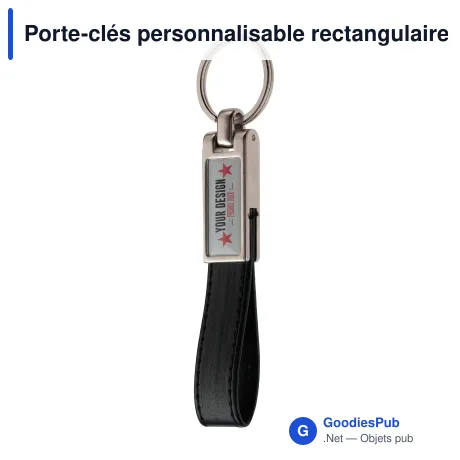 Porte-clés personnalisable rectangulaire en cuir et métal avec logo - Doming Line