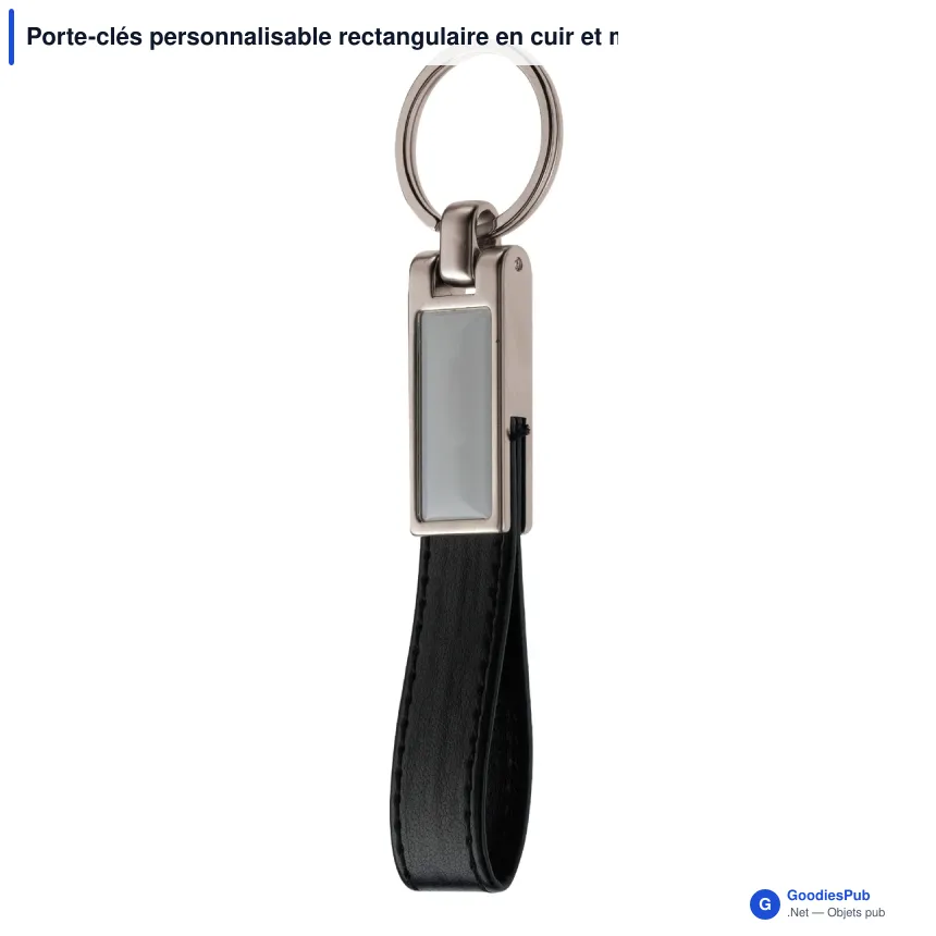 Porte-clés personnalisable rectangulaire en cuir et métal avec logo - Doming Line - Image 2