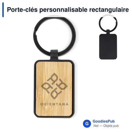Porte-clés personnalisable rectangulaire en bambou et métal noir avec logo - Black Bamboo