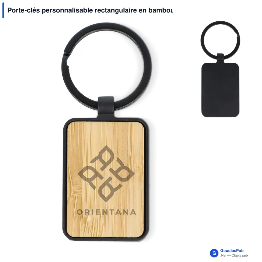 Porte-clés personnalisable rectangulaire en bambou et métal noir avec logo - Black Bamboo - Image 1