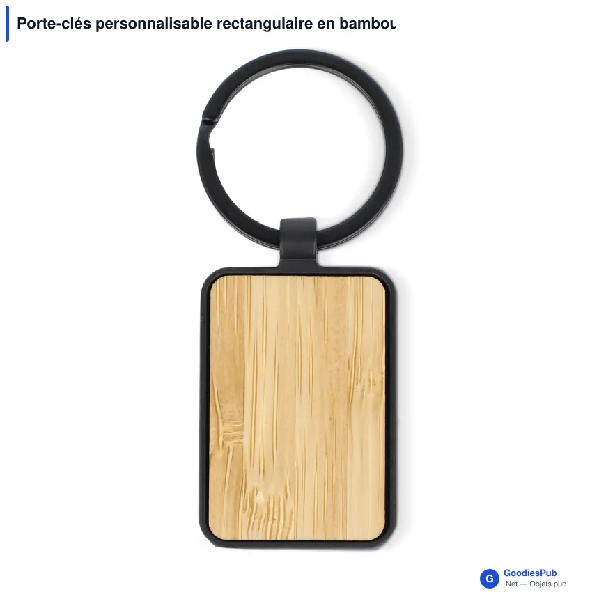 Porte-clés personnalisable rectangulaire en bambou et métal noir avec logo - Black Bamboo - Image 2