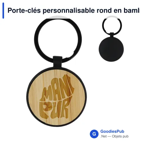 Porte-clés personnalisable rond en bambou et métal noir avec logo - Black Bamboo Round