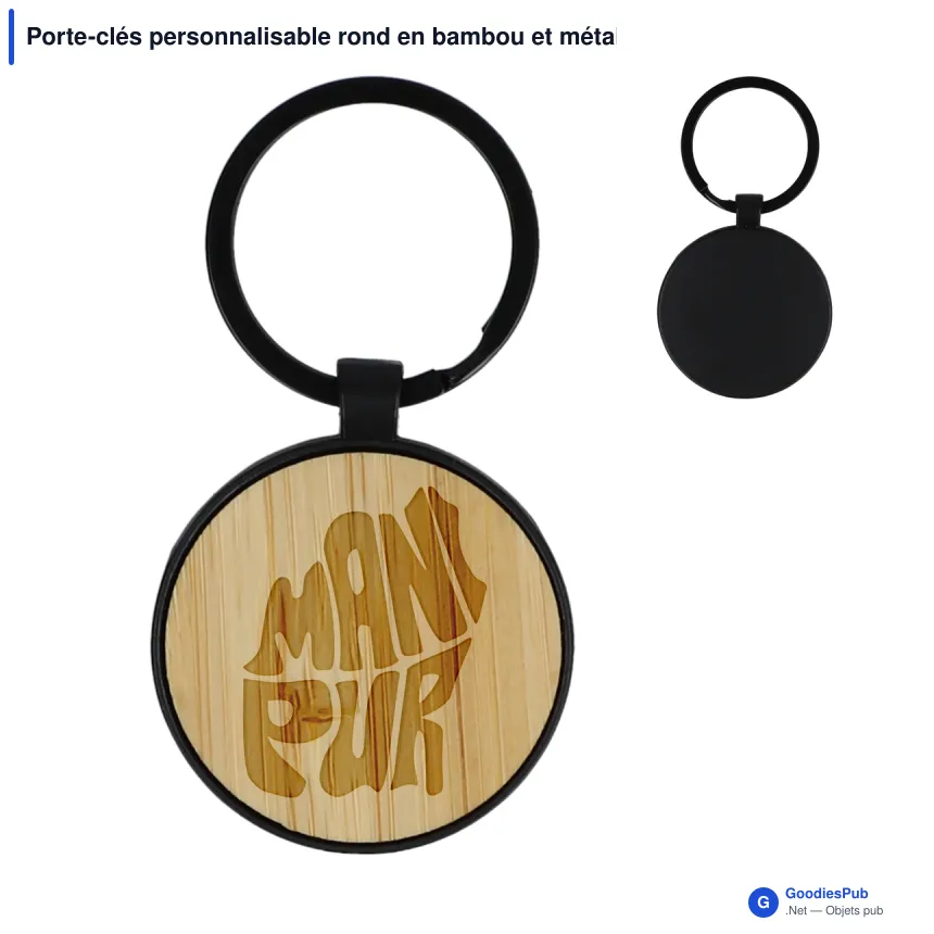 Porte-clés personnalisable rond en bambou et métal noir avec logo - Black Bamboo Round - Image 1