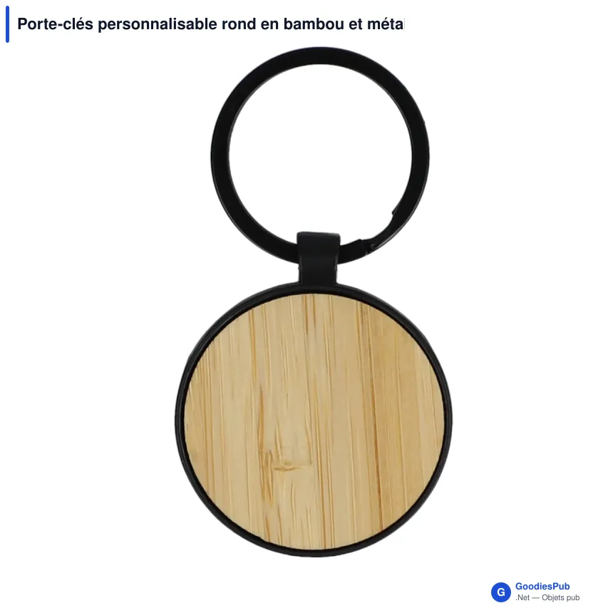 Porte-clés personnalisable rond en bambou et métal noir avec logo - Black Bamboo Round - Image 2
