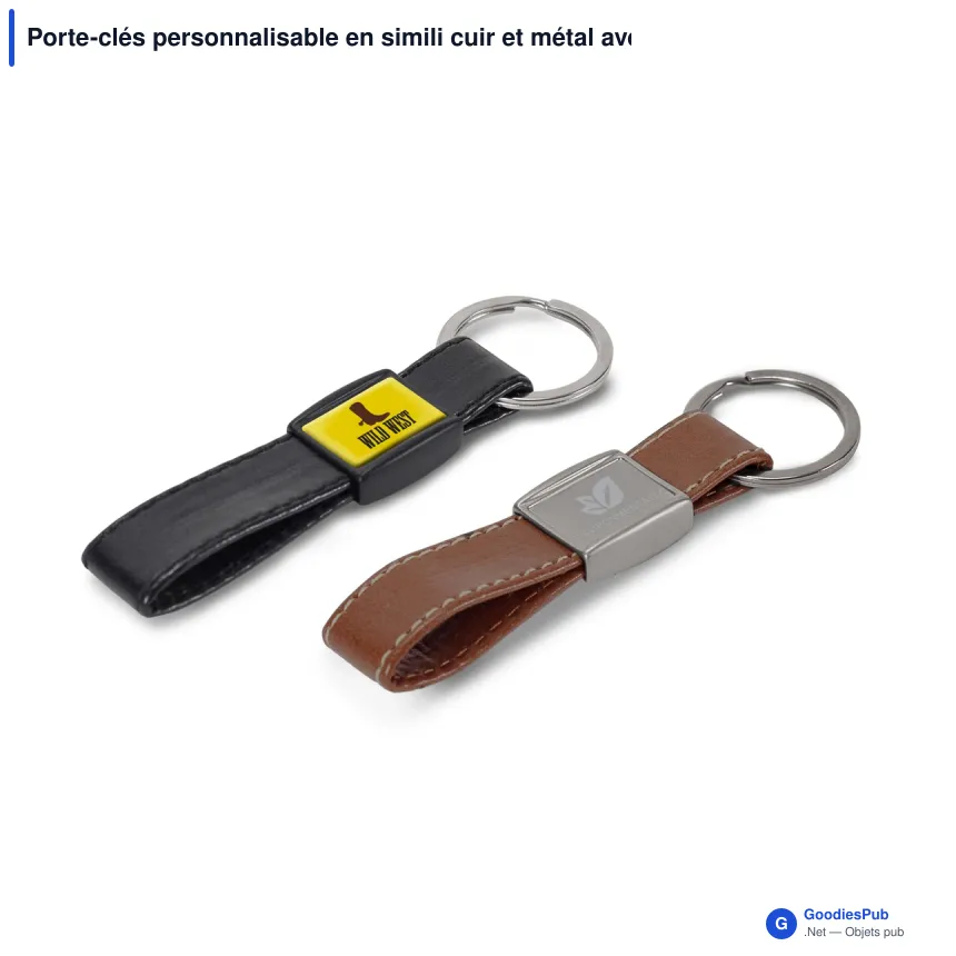 Porte-clés personnalisable en simili cuir et métal avec logo - Cognac - Image 1