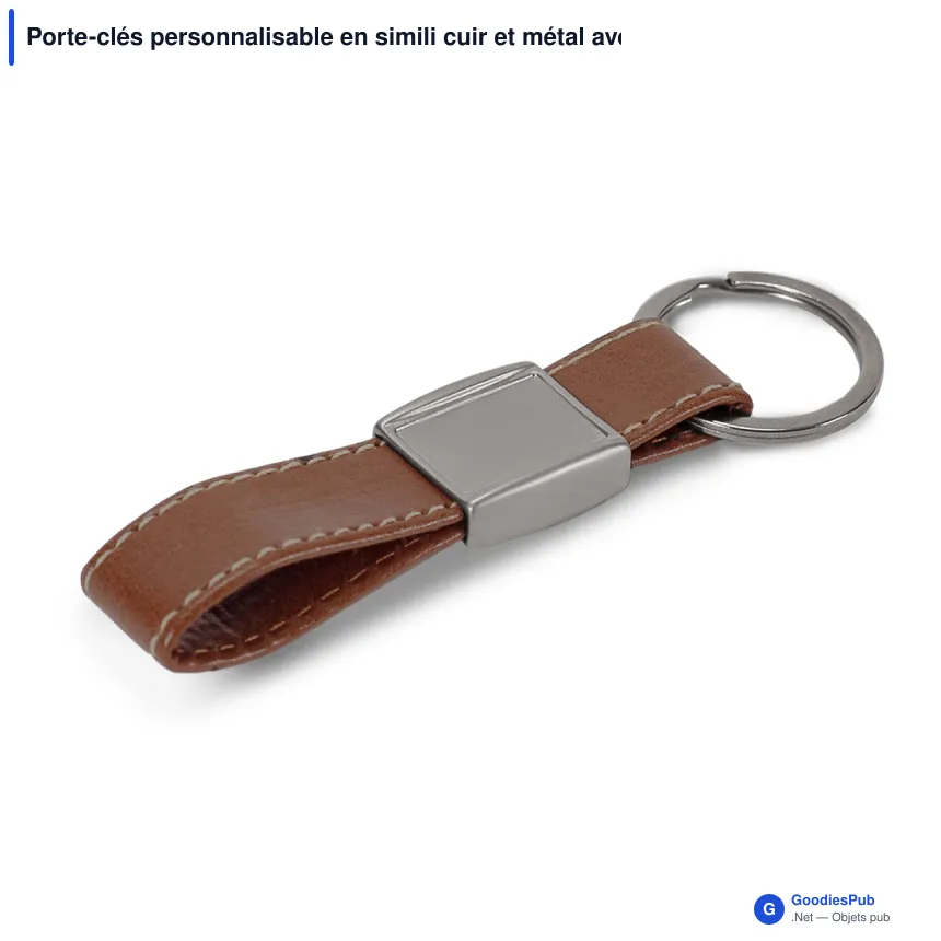 Porte-clés personnalisable en simili cuir et métal avec logo - Cognac - Image 3