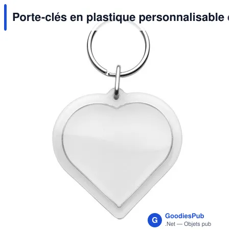 Porte-clés en plastique personnalisable en forme de cœur avec logo
