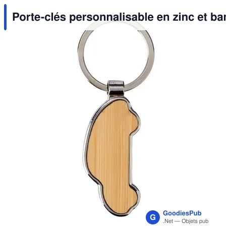 Porte-clés personnalisable en zinc et bambou Angelika avec logo
