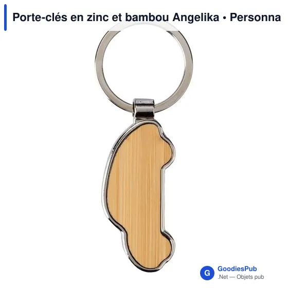 Porte-clés personnalisable en zinc et bambou Angelika avec logo - Image 1