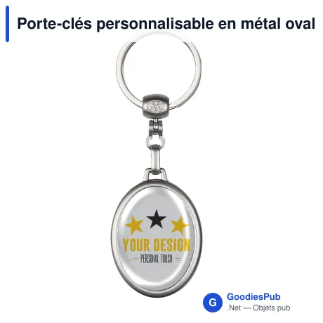 Porte-clés personnalisable en métal ovale argent mat avec logo - Doming Ovale