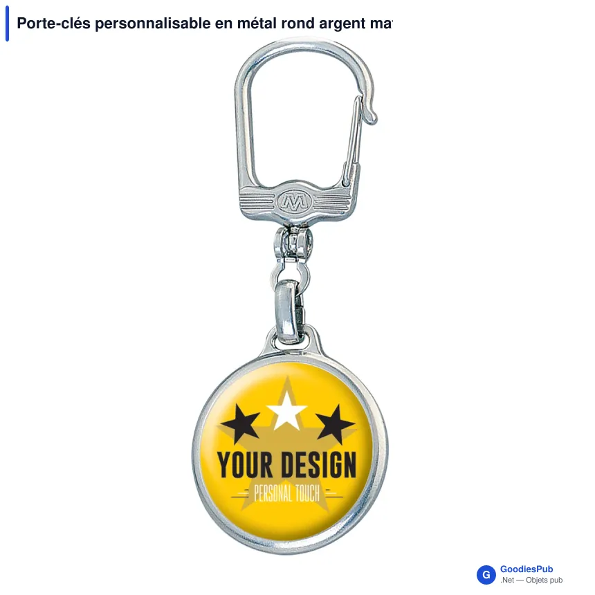 Porte-clés personnalisable en métal rond argent mat avec logo - Doming Rond - Image 2