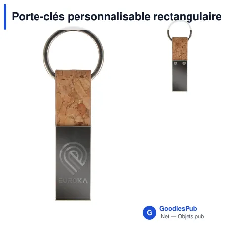 Porte-clés personnalisable rectangulaire en liège et métal avec logo - Cork Line