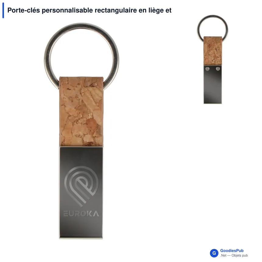 Porte-clés personnalisable rectangulaire en liège et métal avec logo - Cork Line - Image 1