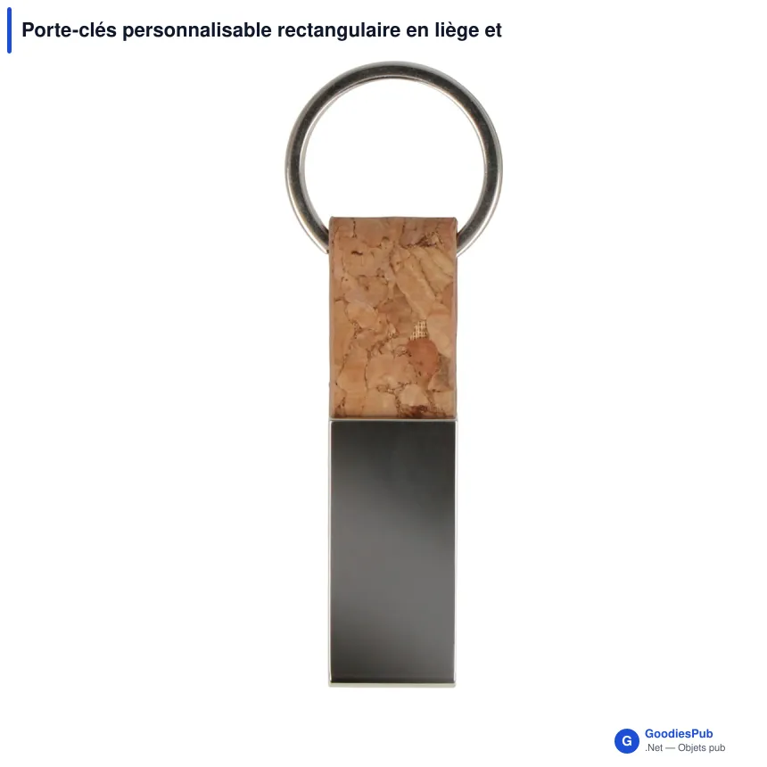 Porte-clés personnalisable rectangulaire en liège et métal avec logo - Cork Line - Image 2