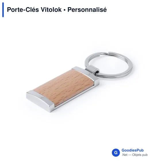 Porte-clés personnalisable Vitolok en métal et bois avec logo - Image 1