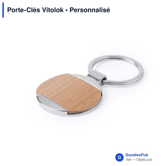 Porte-clés personnalisable Vitolok en métal et bois avec logo - Image 6
