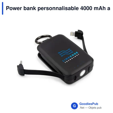 Power bank personnalisable 4000 mAh avec mousqueton et lampe 1W | Dimetriceavec logo